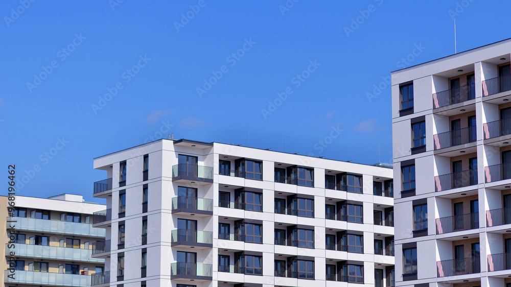  Modern architecture of urban residential apartment building. Apartment building exterior, residential house facade.