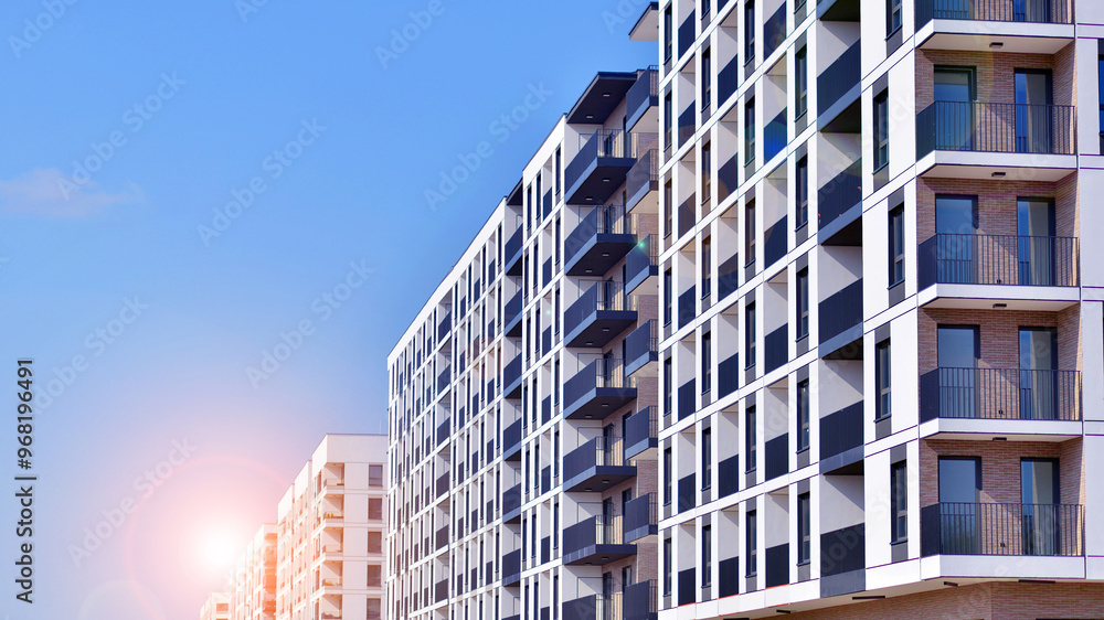 Fototapeta premium Modern architecture of urban residential apartment building. Apartment building exterior, residential house facade.