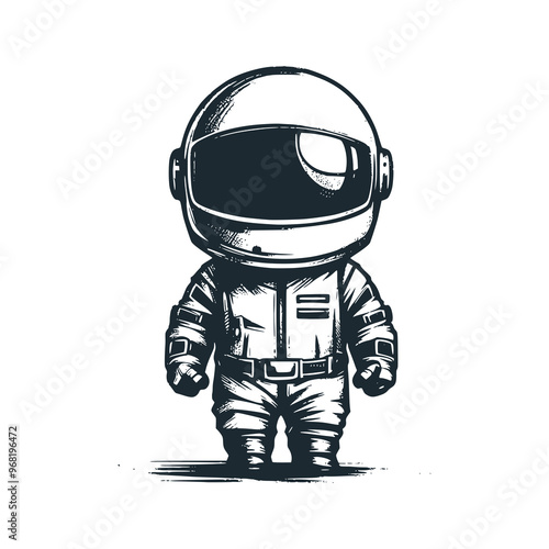 Cute astronaut pensive silence. Black white vector icon and logo illustration.