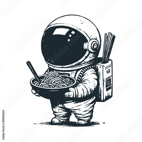Cute astronaut hold a ramen noodles Black white vector icon and logo illustration.