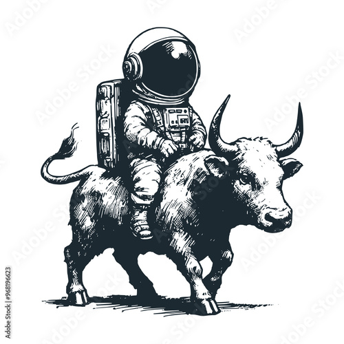 Cute astronaut riding a bull . Black white vector. Icon and logo illustration.