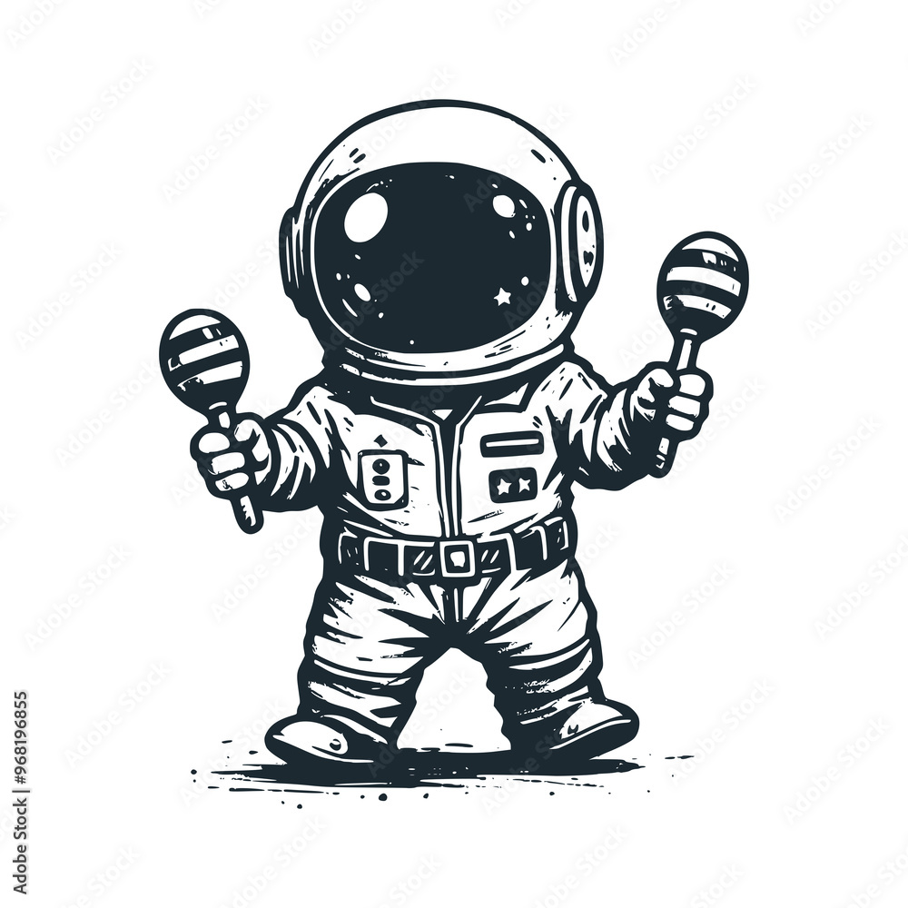 Cute astronaut playing maracas. Black white vector. Icon and logo illustration. Cute astronaut playing maracas. Black white vector. Icon and logo illustration.