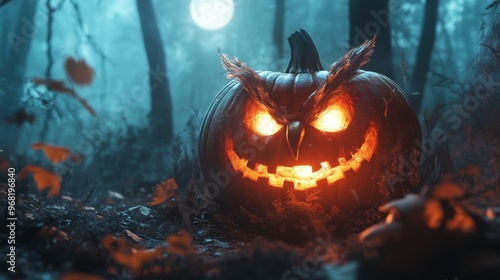 Glowing Jack-o'-Lantern Owl in a Foggy Forest