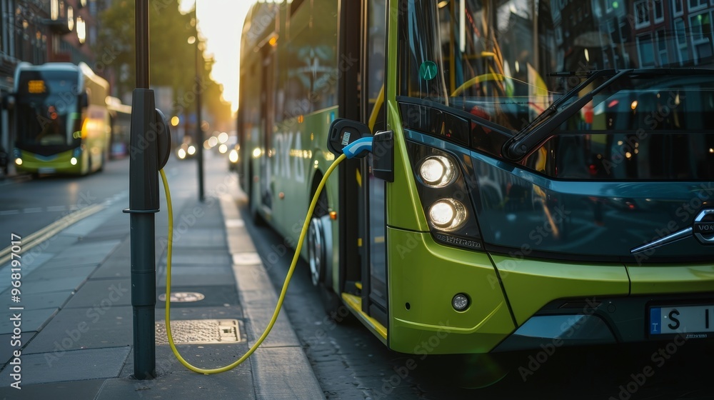 © Oleg - Electric bus charging at public station on city street with another bus in background