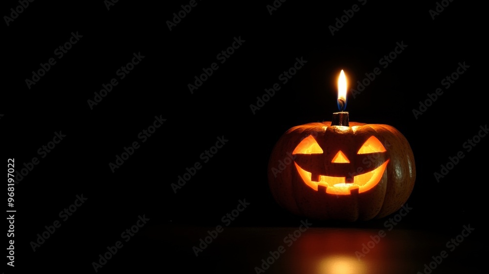 Lighted Jack-o'-Lantern with a Smiling Face on a Black Background Lighted Jack-o'-Lantern with a Smiling Face on a Black Background