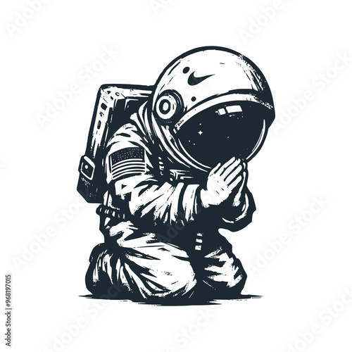 Cute astronaut kneel down to pray. Black white vector. Icon and logo illustration.