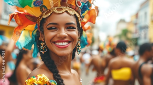 A happy carnival dancer smiling as they walked through a city