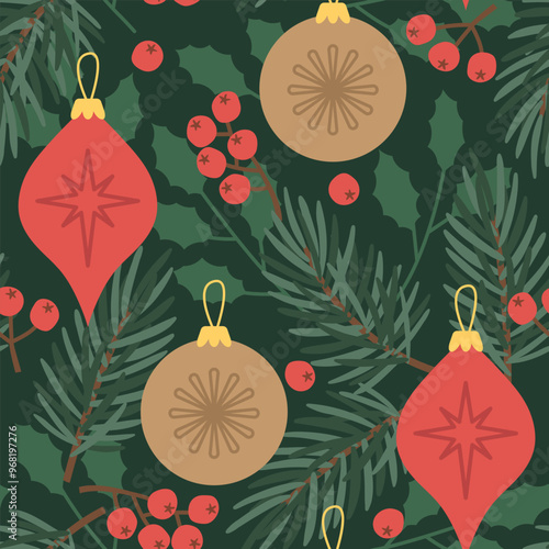 seamless winter, christmas pattern with green fir twigs; baubles and holly berry; great for wrapping paper, greeting cards, gift tags, wallpaper and textiles- vector illustration