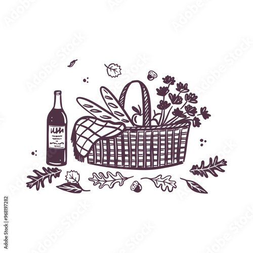 Hand-drawn autumn composition featuring a picnic basket with bread, wine bottle, flowers, and seasonal elements. Black sketch style. Cozy fall outing. Isolated vector illustration. Poster, banner