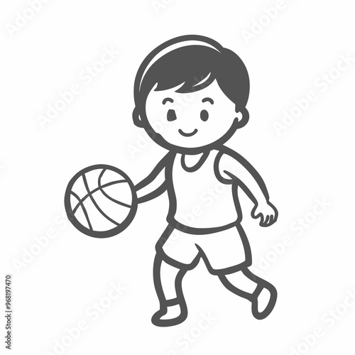 Simple line art illustration of a boy playing basketball, showcasing sports and activity copy space