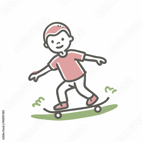 Boy skateboarding, joyful mood, colorful illustration, outdoors