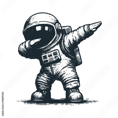  Cute astronaut with dabbing gesture pose. Black white vector. Icon and logo illustration.
