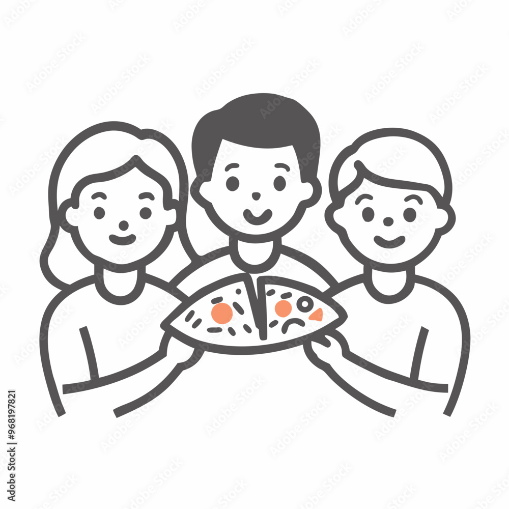 Happy friends sharing a pizza together in a cheerful dining setting Happy friends sharing a pizza together in a cheerful dining setting