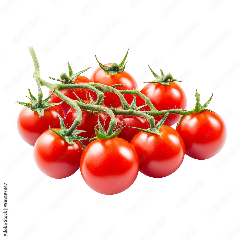 Freshly harvested cherry tomatoes on a vine, transparent Freshly harvested cherry tomatoes on a vine, transparent