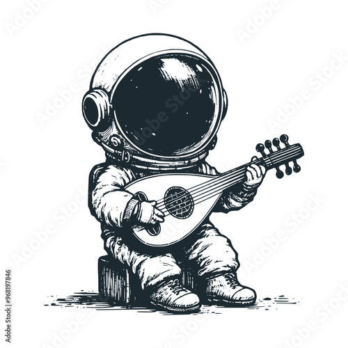 Cute astronaut playing oud arabic guitar. Black white vector. Icon and logo illustration.