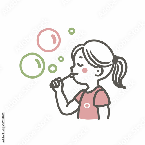Girl blowing bubbles, joyful mood, minimalistic illustration