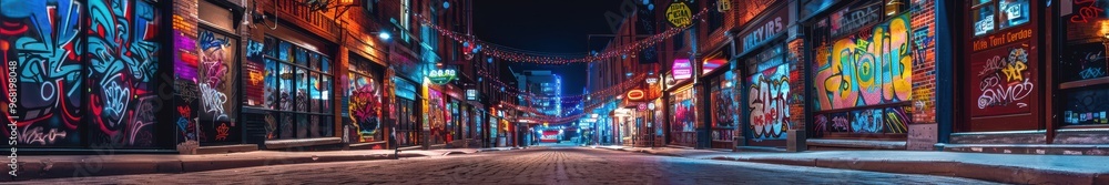 Obraz premium Urban alley at night filled with vibrant graffiti, capturing the essence of street art. Free copy space for banner.