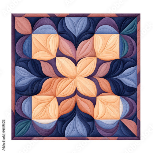 Abstract floral design with layered leaves in vibrant shades of blue, peach, and purple, creating a harmonious visual pattern. transparent background