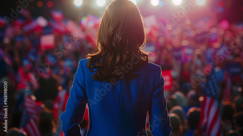 Female American Presidential candidate speaking to a crowd at a political rally / Woman for President