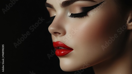 Elegant woman with dramatic makeup, featuring bold eyeliner and vibrant red lipstick, closed eyes, on a black background.