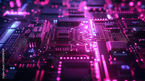 High-tech circuit board closeup with glowing pink and blue lights, representing advanced technology and innovation.