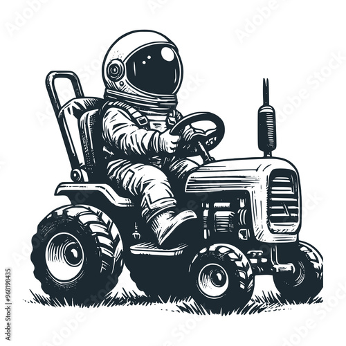 Cute astronaut ride a tractor. Black white vector. Icon and logo illustration. photo