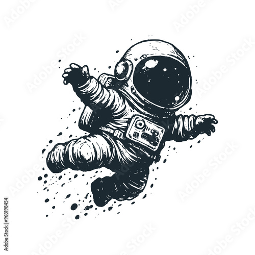 Cute astronaut floating on sky. Black white vector. Icon and logo illustration.