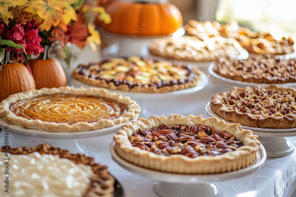 Delicious homemade pies are sitting on cake stands on a table decorated for thanksgiving Delicious homemade pies are sitting on cake stands on a table decorated for thanksgiving