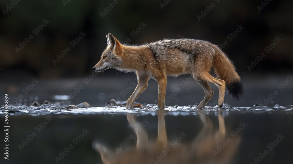 Fototapeta premium A golden jackal walking on water reflection