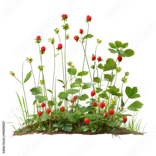 Wild strawberries growing in a lush garden setting, transparent photo