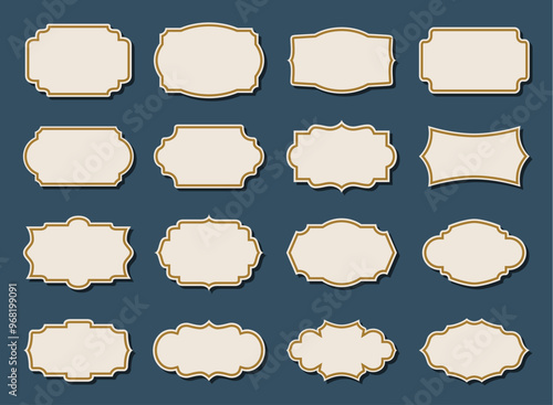 Set of vintage blank labels with ornate borders on a dark blue background