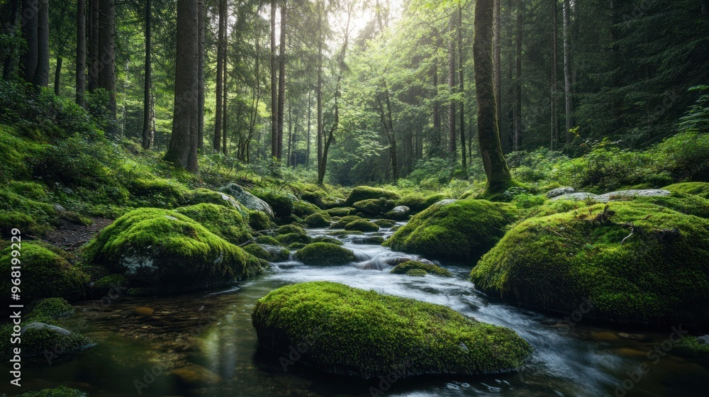 Serene nature forest with a clear stream running through moss-covered rocks Serene nature forest with a clear stream running through moss-covered rocks