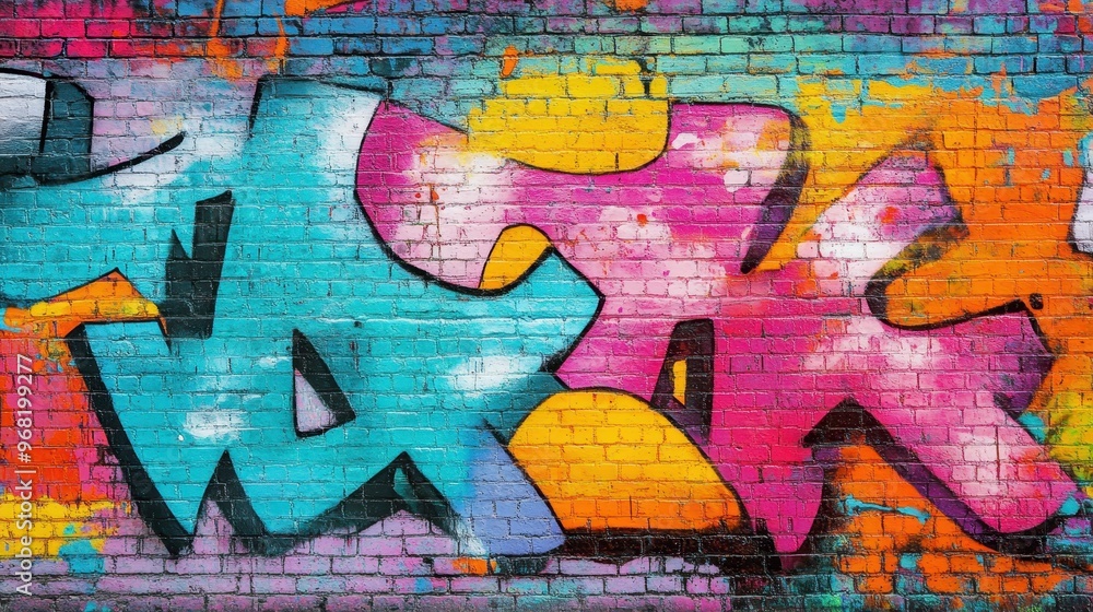 Fototapeta premium Vibrant and colorful graffiti art on a brick wall, featuring dynamic shapes and bright hues, ideal for urban culture themes.