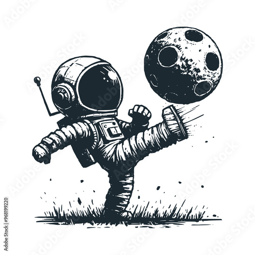 Cute astronaut kick a moon . Black white vector. Icon and logo illustration.