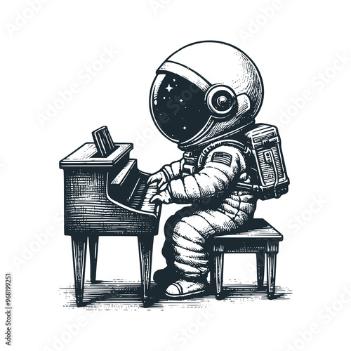 Cute astronaut playing piano. Black white vector. Icon and logo illustration.