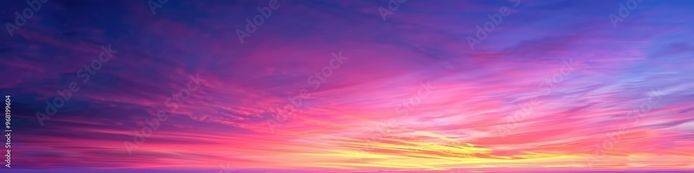 Fototapeta premium Serene Twilight Sky with Purple and Pink Sunset Clouds Merging into Orange at the Horizon