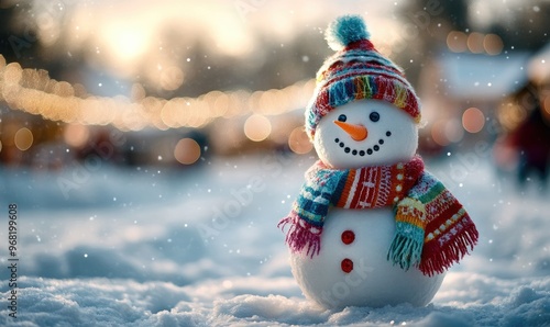 Charming Winter Wonderland with Snowman in Colorful Attire and Cozy Bokeh Background