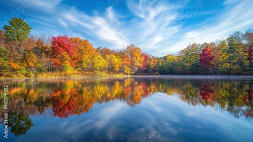 Vibrant nature reflection of autumn trees in a clear pond