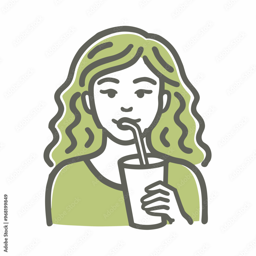 Young woman drinking a refreshing beverage through a straw on a light background