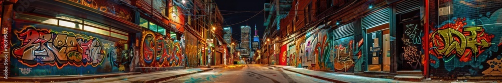 Obraz premium Urban alley at night filled with vibrant graffiti, capturing the essence of street art. Free copy space for banner.