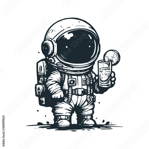 Cute astronaut hold a lemon water glass. Black white vector. Icon and logo illustration.
