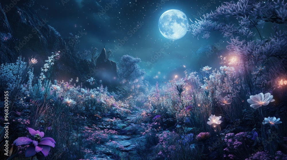 Ethereal fantasy nature garden with flowers that shimmer in the moonlight Ethereal fantasy nature garden with flowers that shimmer in the moonlight