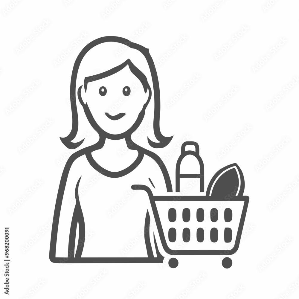Smiling woman holding grocery shopping cart with food and drinks on a simple background Smiling woman holding grocery shopping cart with food and drinks on a simple background