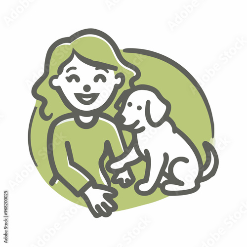 Happy girl playing with a cute dog on a green background