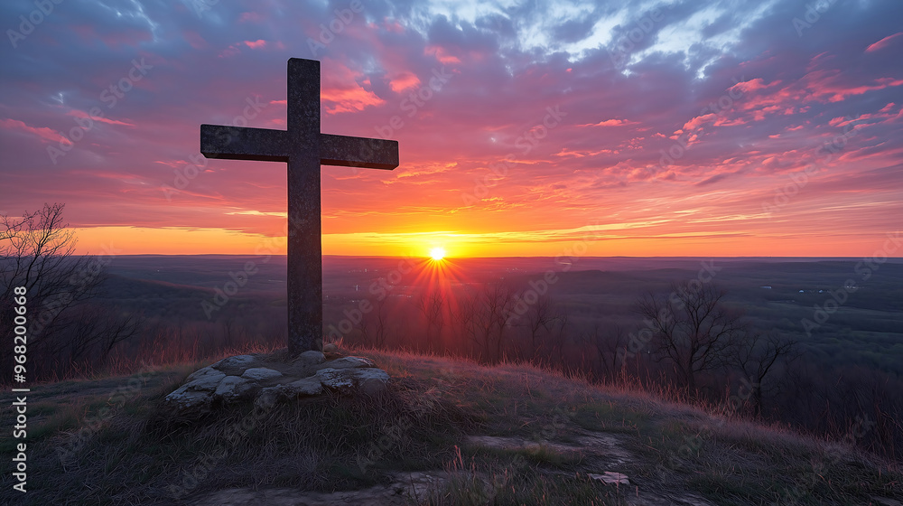 A dramatic sunset illuminating the crucifixion cross A dramatic sunset illuminating the crucifixion cross