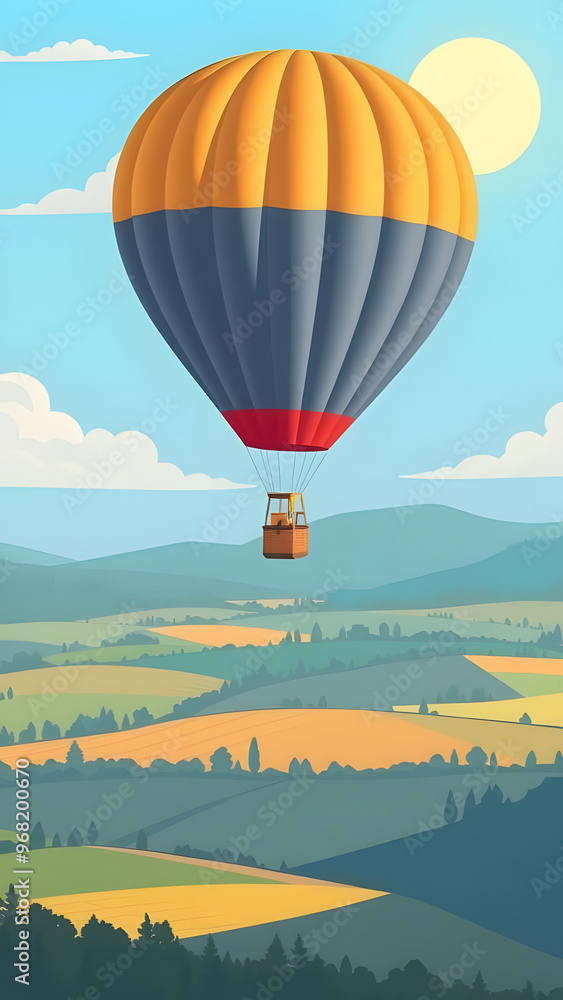 Obraz premium Colorful hot air balloon soaring over vibrant green and gold hills