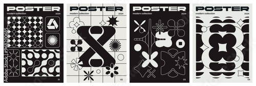 Retro futuristic posters set. Brutalism style flyers with abstract geometric shapes and extraordinary forms. Monochrome minimalist covers. Flat vector illustration collection isolated on background