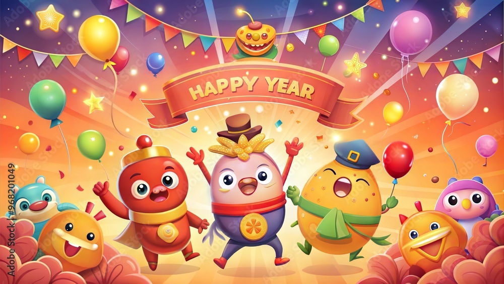 Joyful New Year celebration illustration with playful characters holding balloons and festive decorations Joyful New Year celebration illustration with playful characters holding balloons and festive decorations