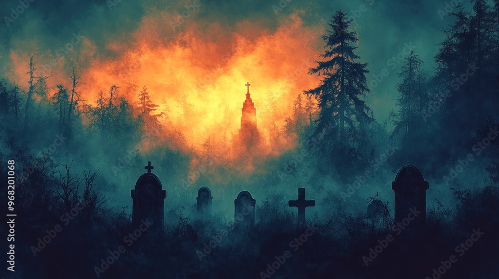 A haunting graveyard scene with eerie flames and fog. A haunting graveyard scene with eerie flames and fog.