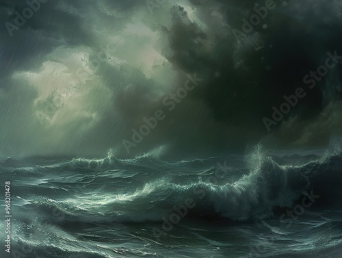 Stormy Seascape: Dark Clouds and Turbulent Waves